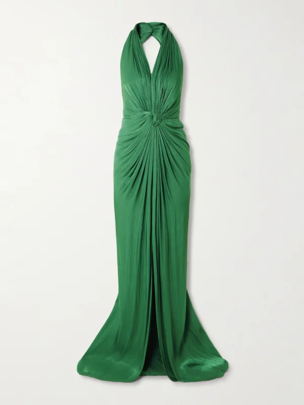 Costarellos Twist-front Metallic Georgette Halterneck Gown