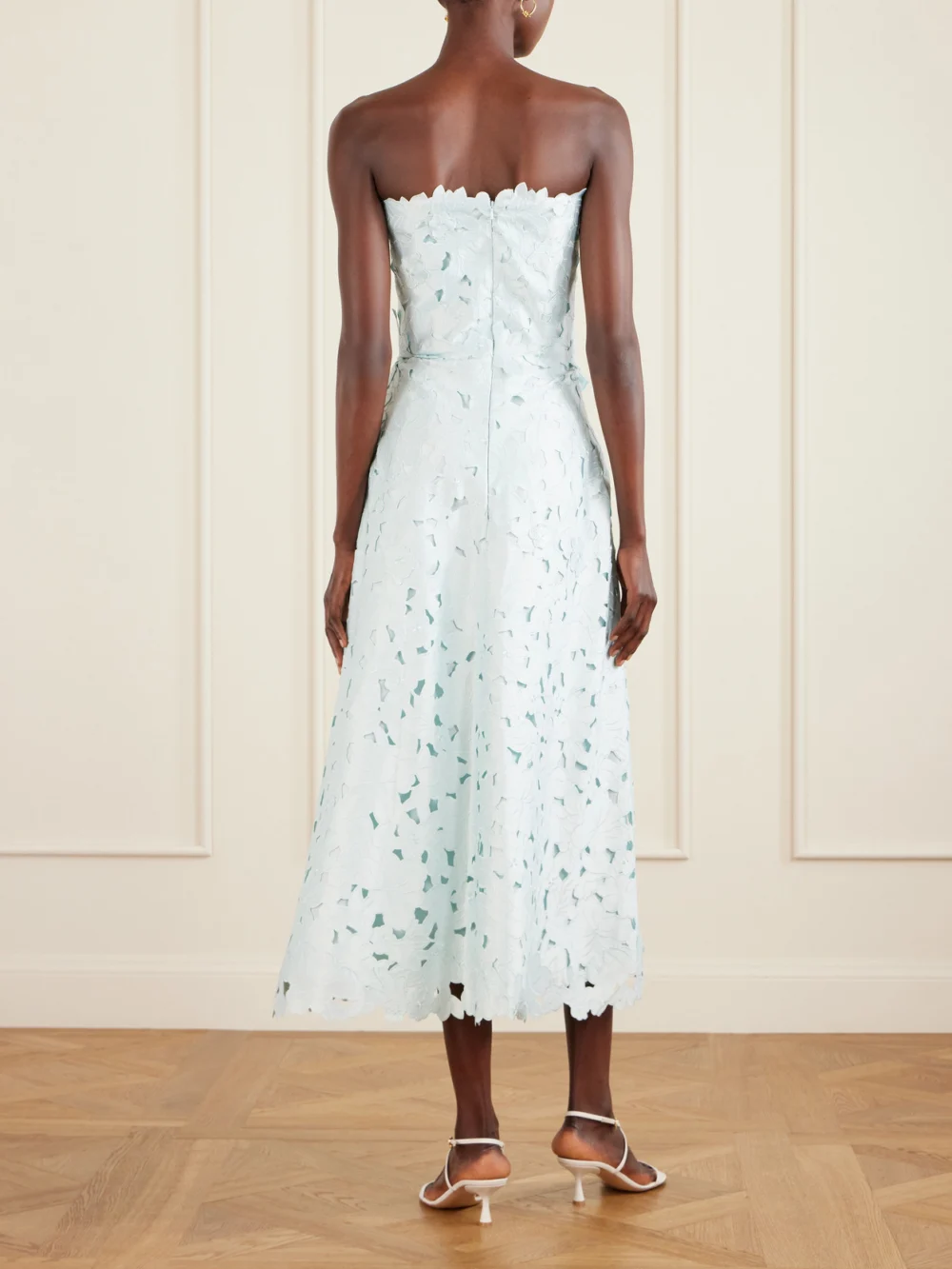Back view of the Costarellos Vella Strapless Guipure Lace Midi Dress