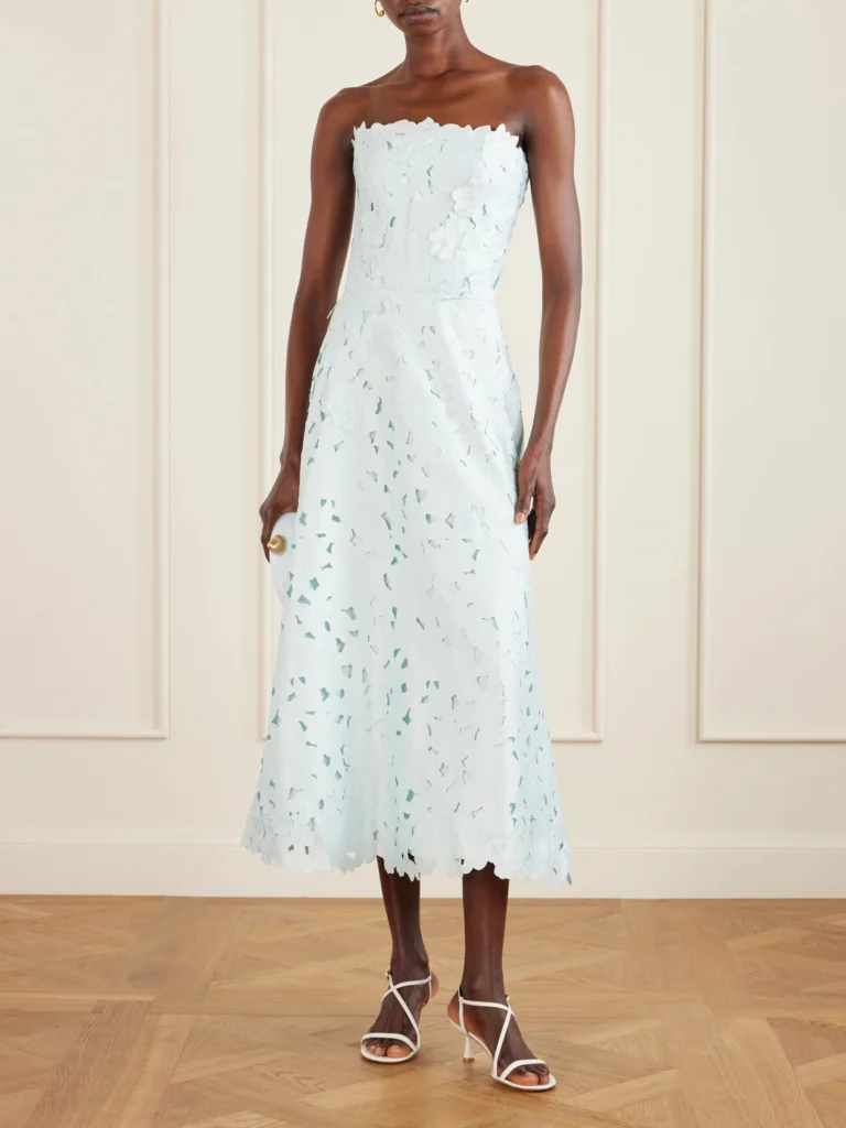 Costarellos Vella Strapless Guipure Lace Midi Dress