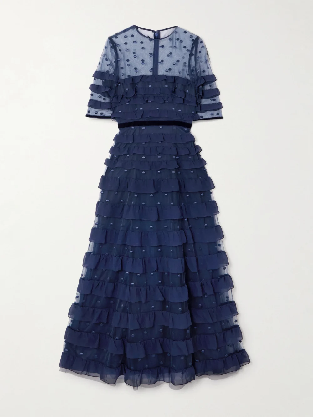 Costarellos Velvet-trimmed Point D'esprit and Ruffled Chiffon Midi Dress in navy