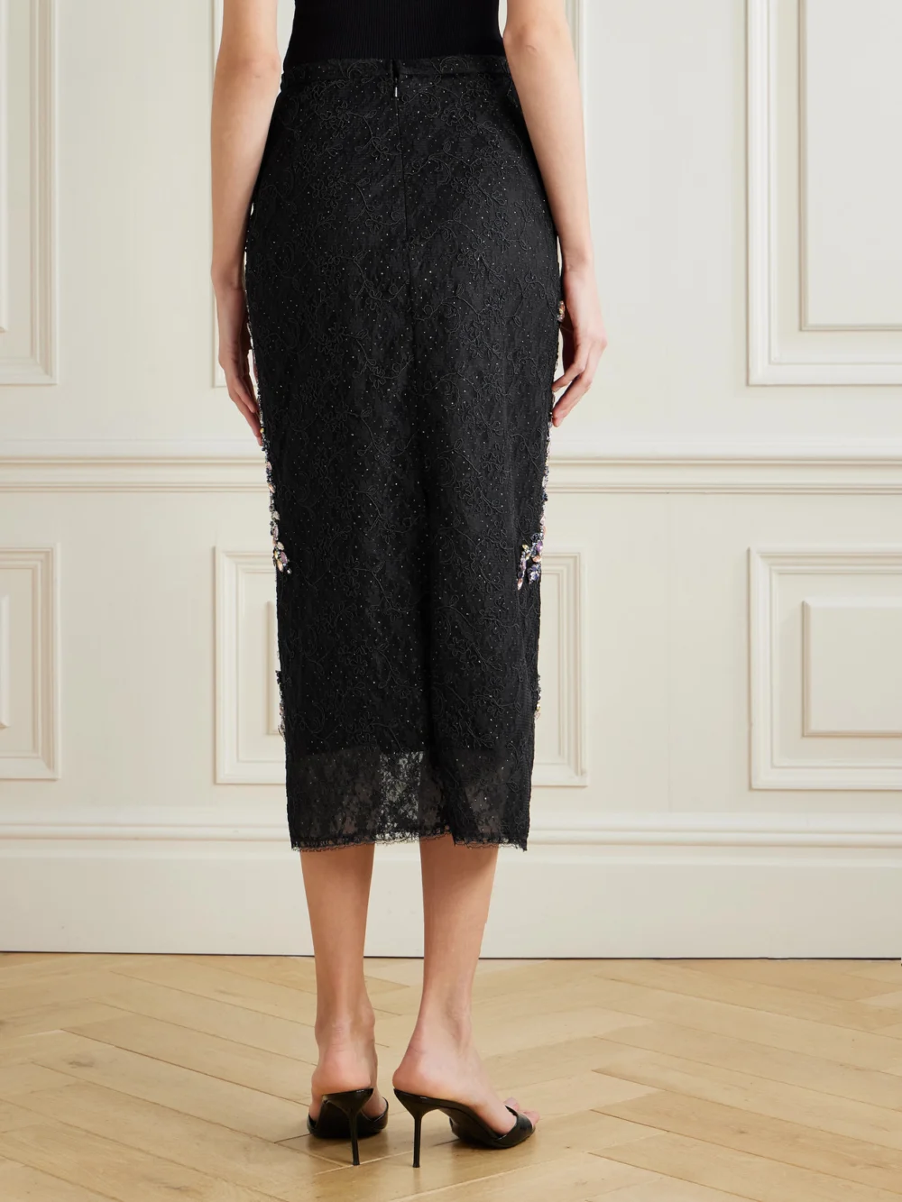 Back view of the Costarellos Vivi Embellished Corded Lace Midi Skirt