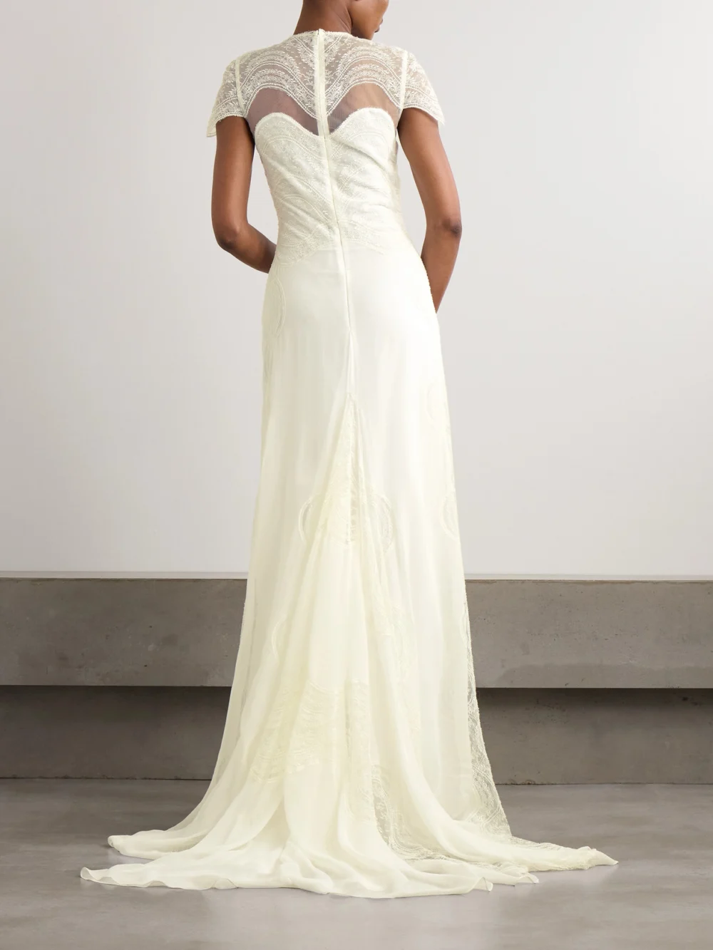 Back view of the Costarellos Zephira Embroidered Chantilly Lace-trimmed Silk-chiffon Gown
