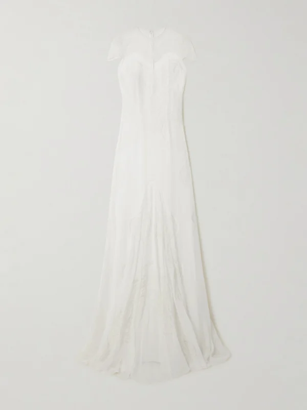 Costarellos Zephira Embroidered Chantilly Lace-trimmed Silk-chiffon Gown