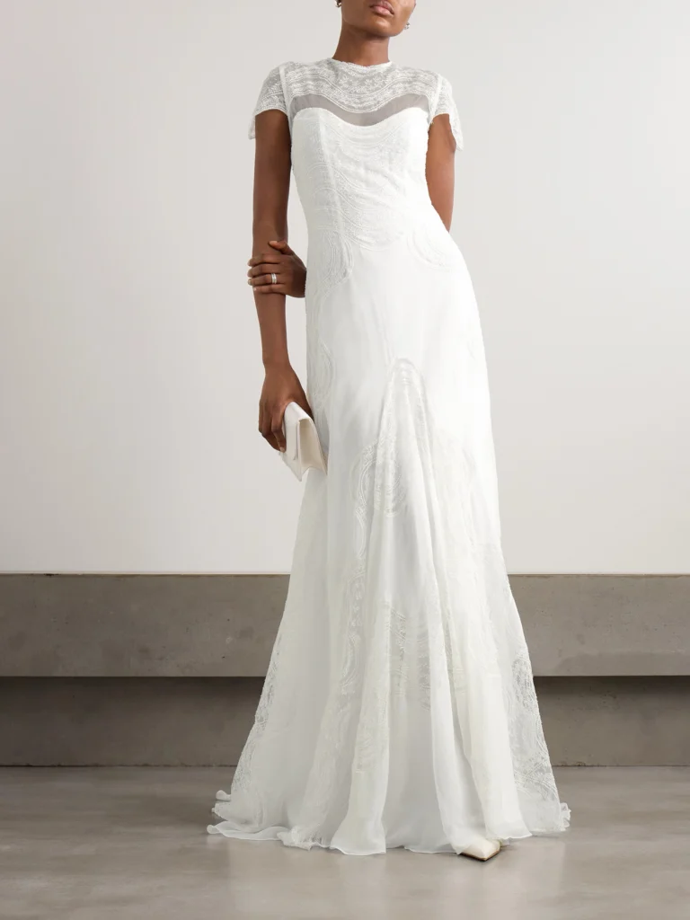 Costarellos Zephira Embroidered Chantilly Lace-trimmed Silk-chiffon Gown