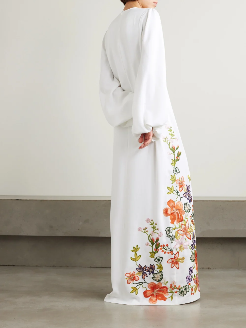 Back view of the Costarellos Zinnia Embroidered Crepe Gown