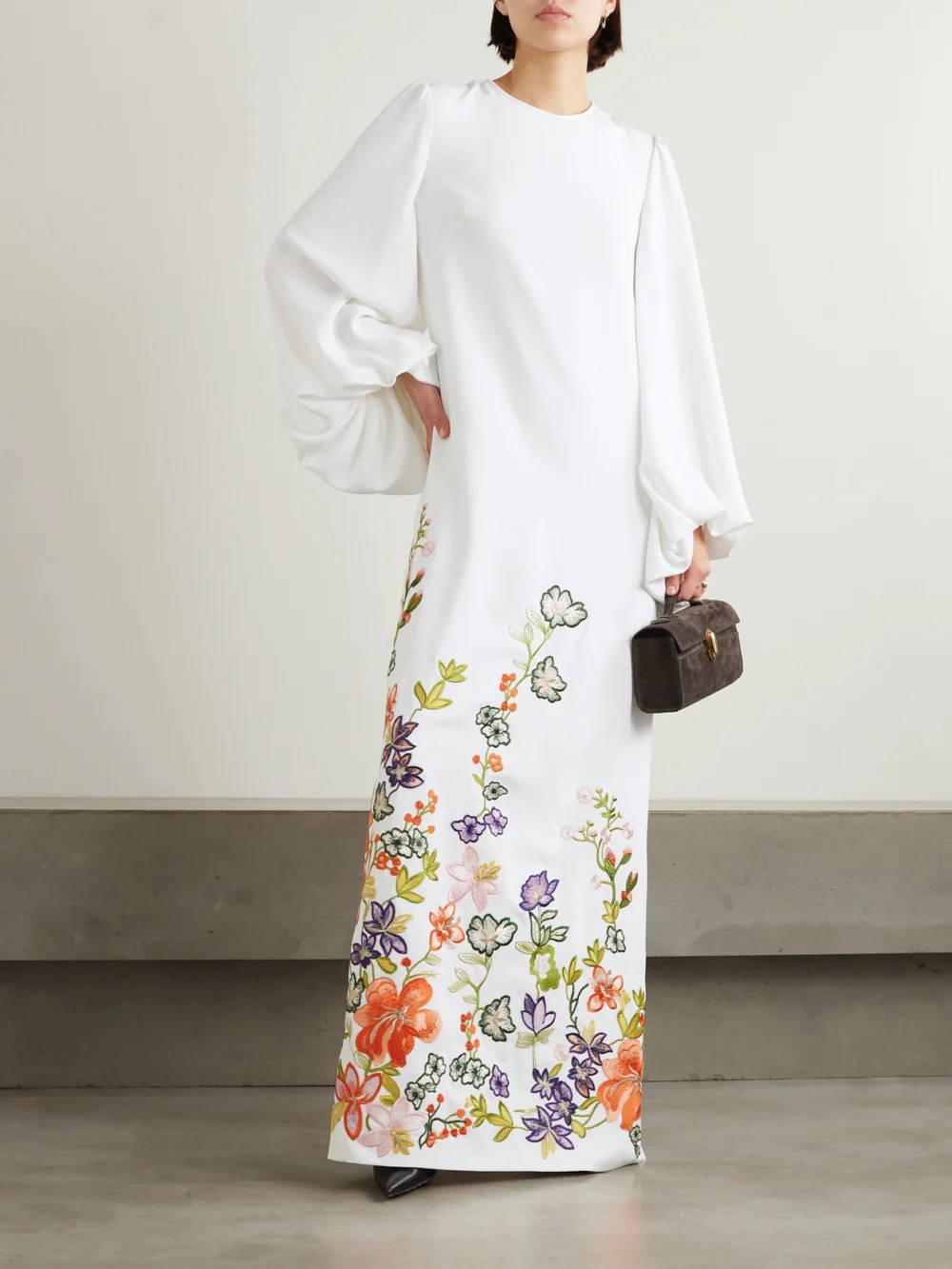 Costarellos Zinnia Embroidered Crepe Gown, worn by a model