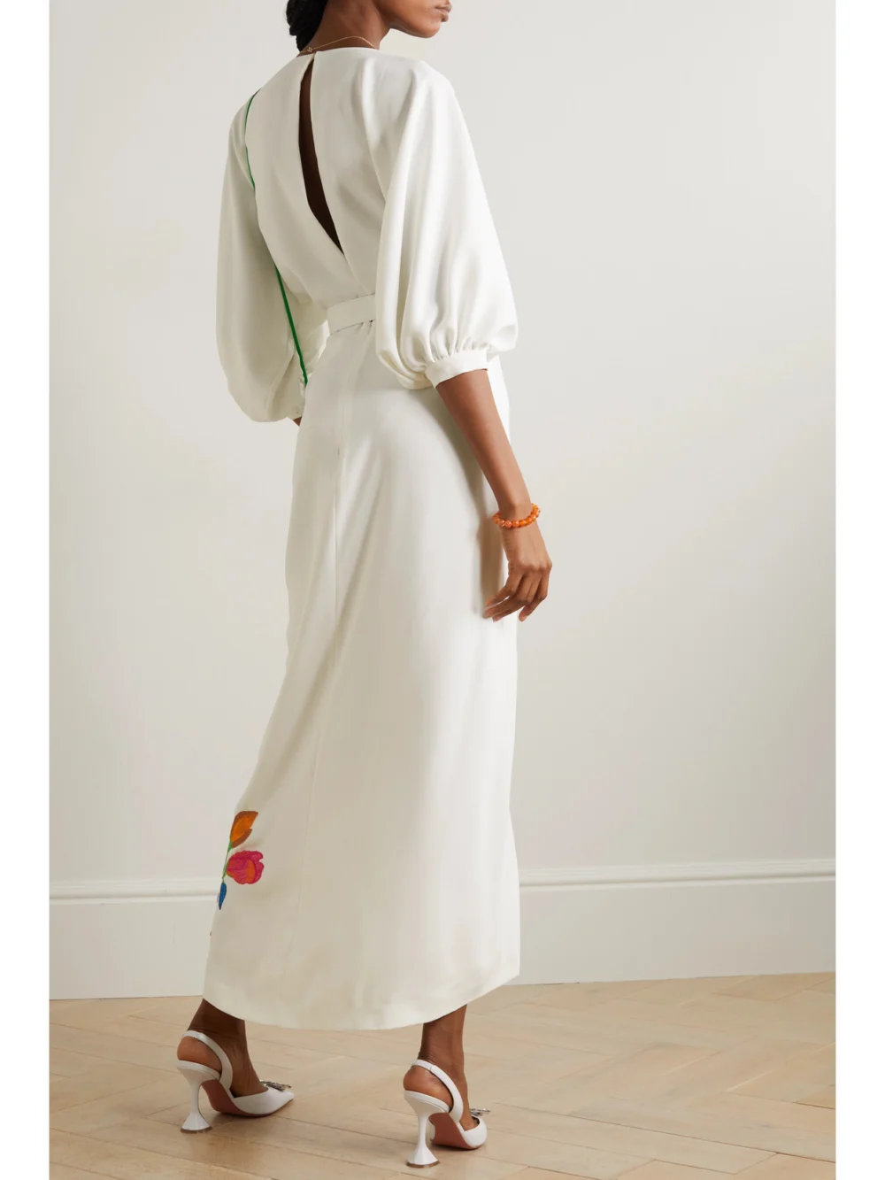 Back view of the Costarellos Zinnia Wrap-effect Embroidered Crepe Maxi Dress