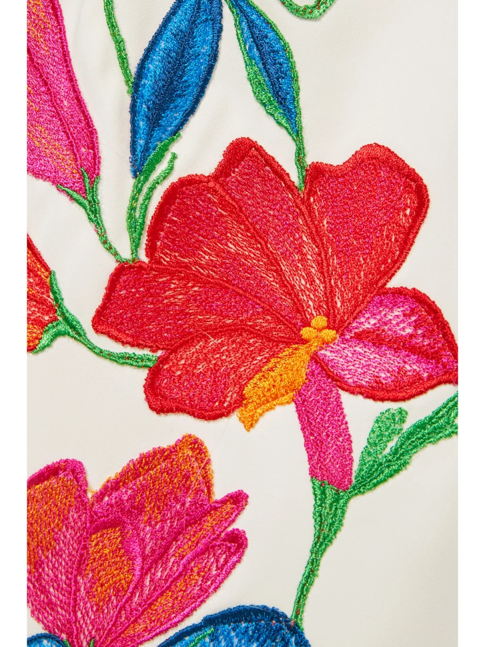 Close-up detail of the Costarellos Zinnia Wrap-effect Embroidered Crepe Maxi Dress
