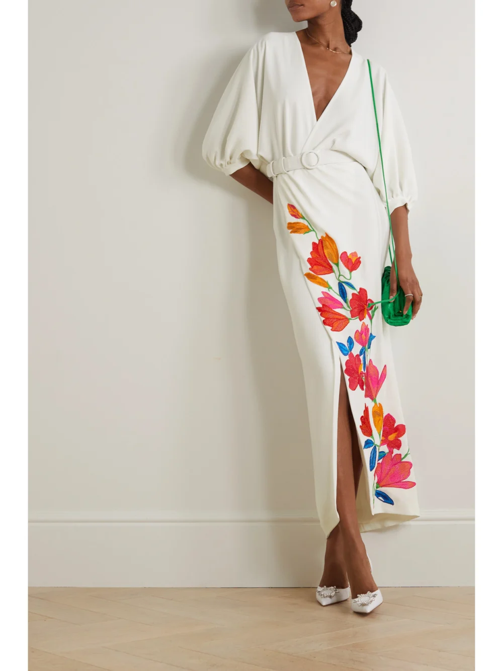 Costarellos Zinnia Wrap-effect Embroidered Crepe Maxi Dress, worn by a model