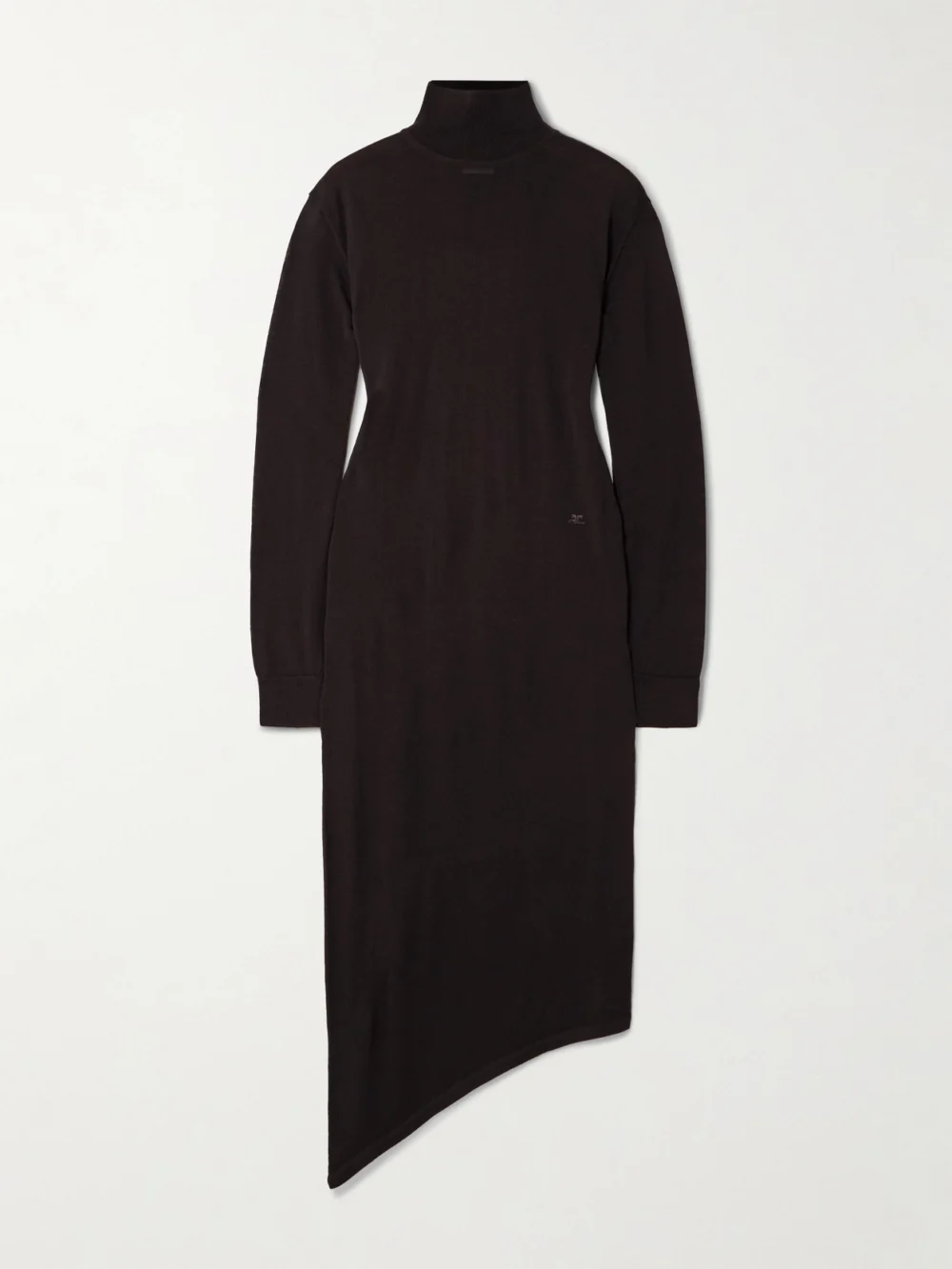 Courrèges Asymmetric Embroidered Merino Wool Midi Dress in dark brown