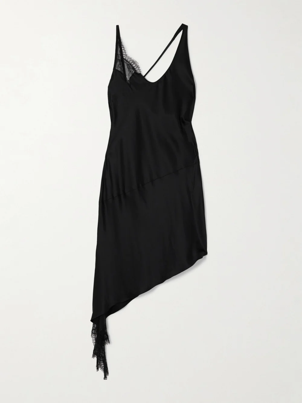 Courrèges Asymmetrical Lace-trimmed Satin Mini Dress in black