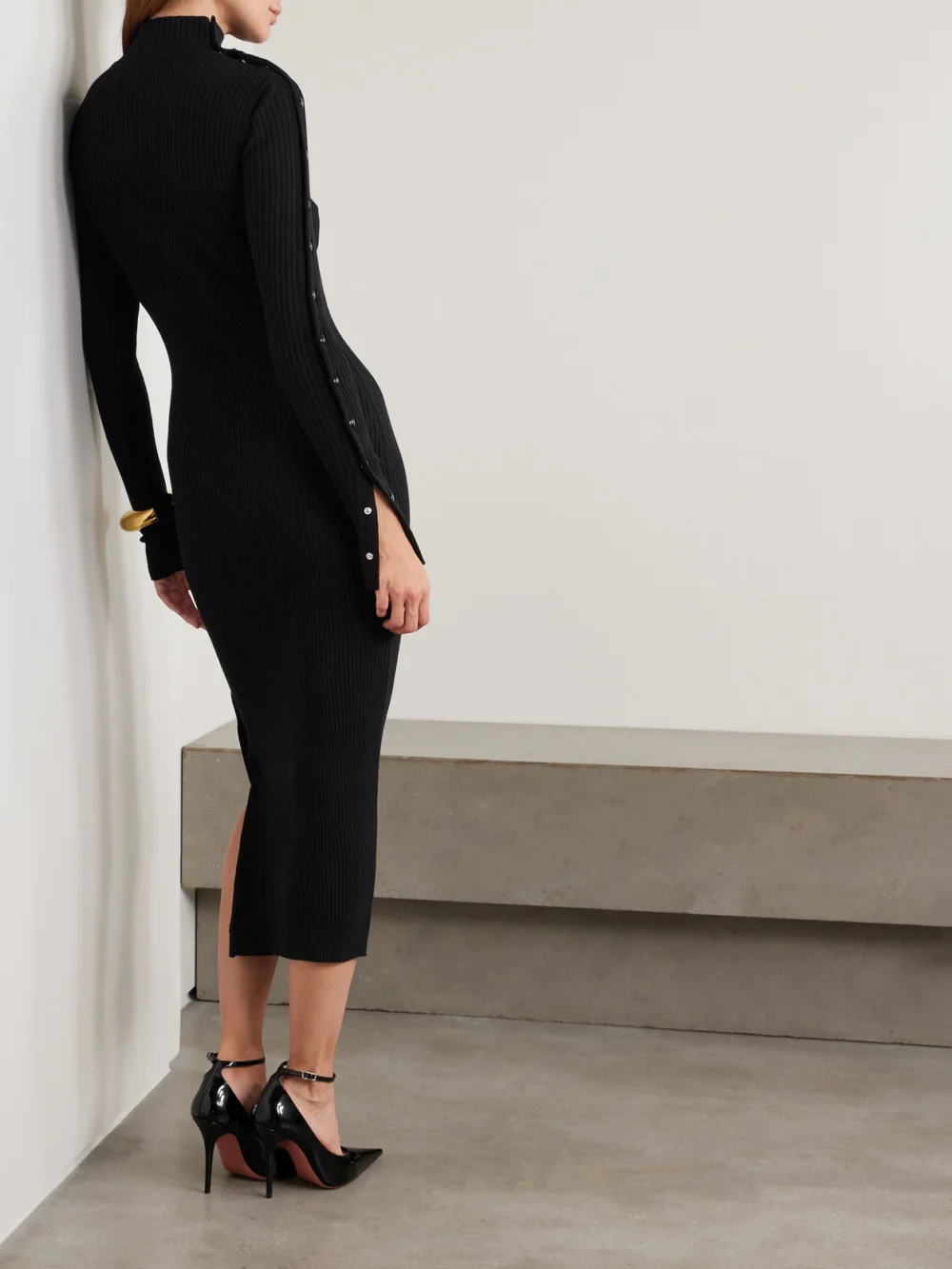 Back view of the Courrèges Embroidered Ribbed-knit Midi Turtleneck Dress