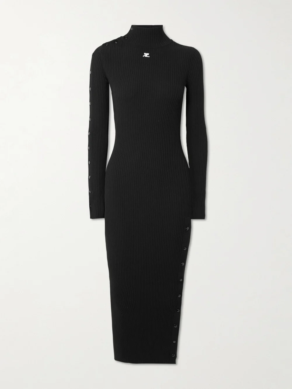 Courrèges Embroidered Ribbed-knit Midi Turtleneck Dress in black