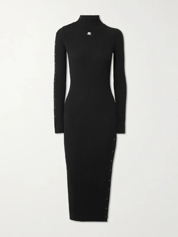 Courrèges Embroidered Ribbed-knit Midi Turtleneck Dress