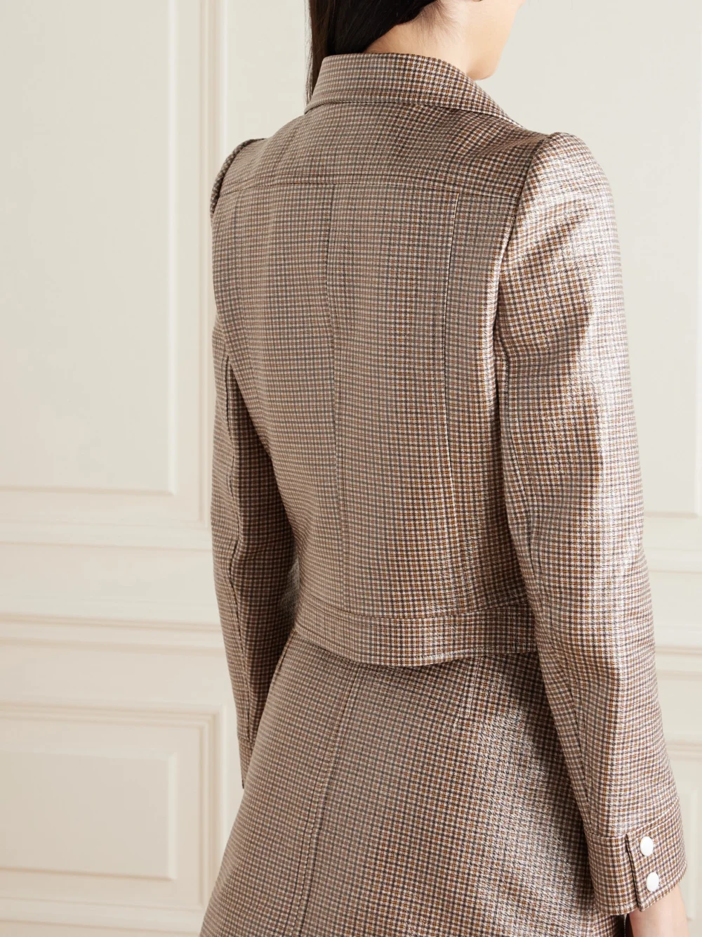 Back view of the Courrèges Reedition Cropped Appliquéd Checked Coated Cotton-blend Jacket