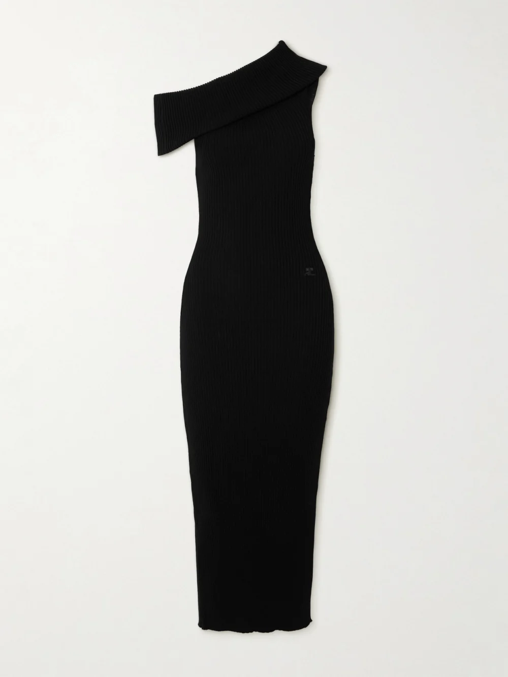 Courrèges Twist Off-the-shoulder Embroidered Ribbed-knit Maxi Dress in black