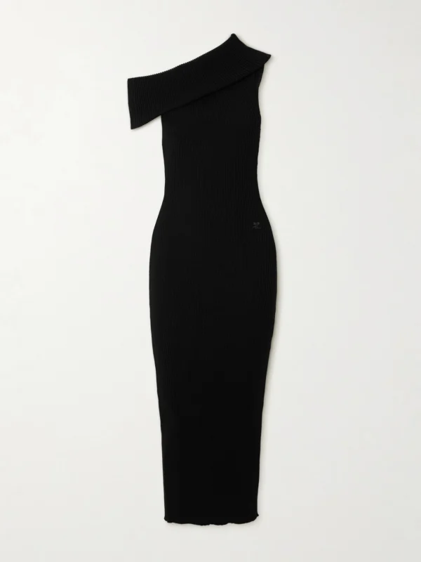 Courrèges Twist Off-the-shoulder Embroidered Ribbed-knit Maxi Dress