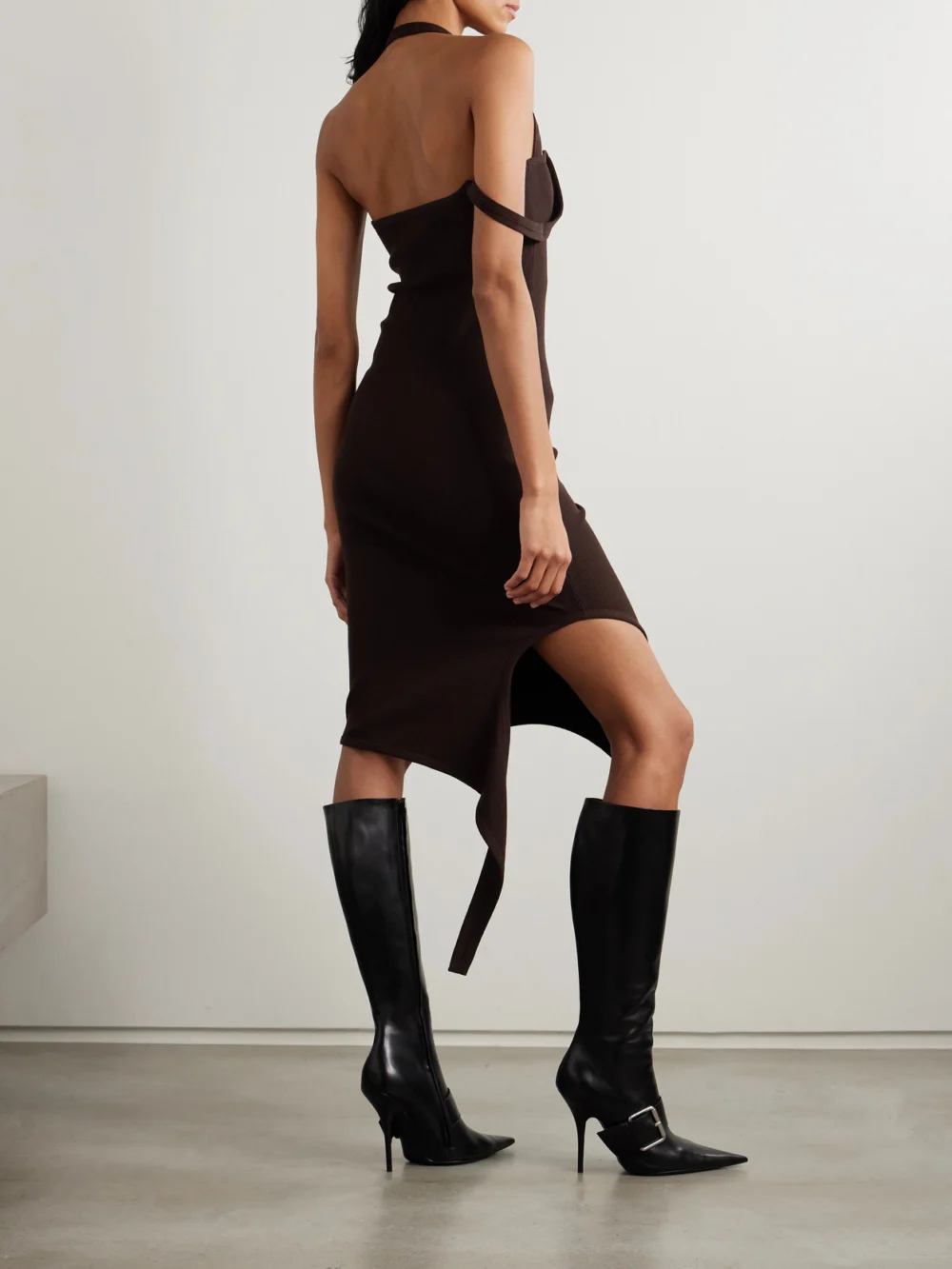 Back view of the Courrèges Undressed Asymmetric Draped Ribbed-knit Midi Dress