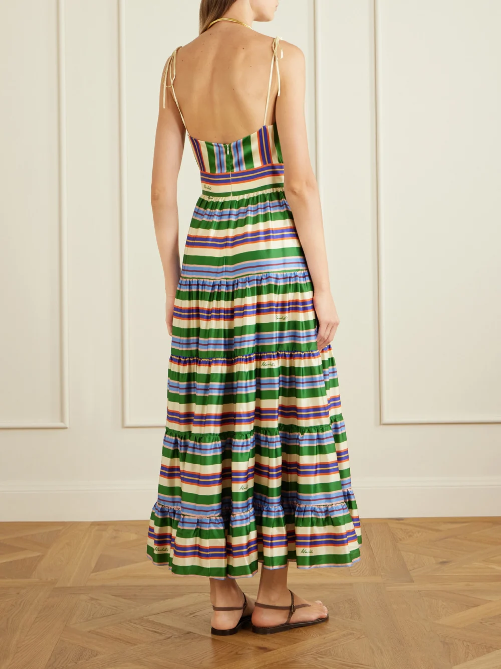 Back view of the Cristiano Marcheli Allegra Tiered Striped Silk-blend Maxi Dress