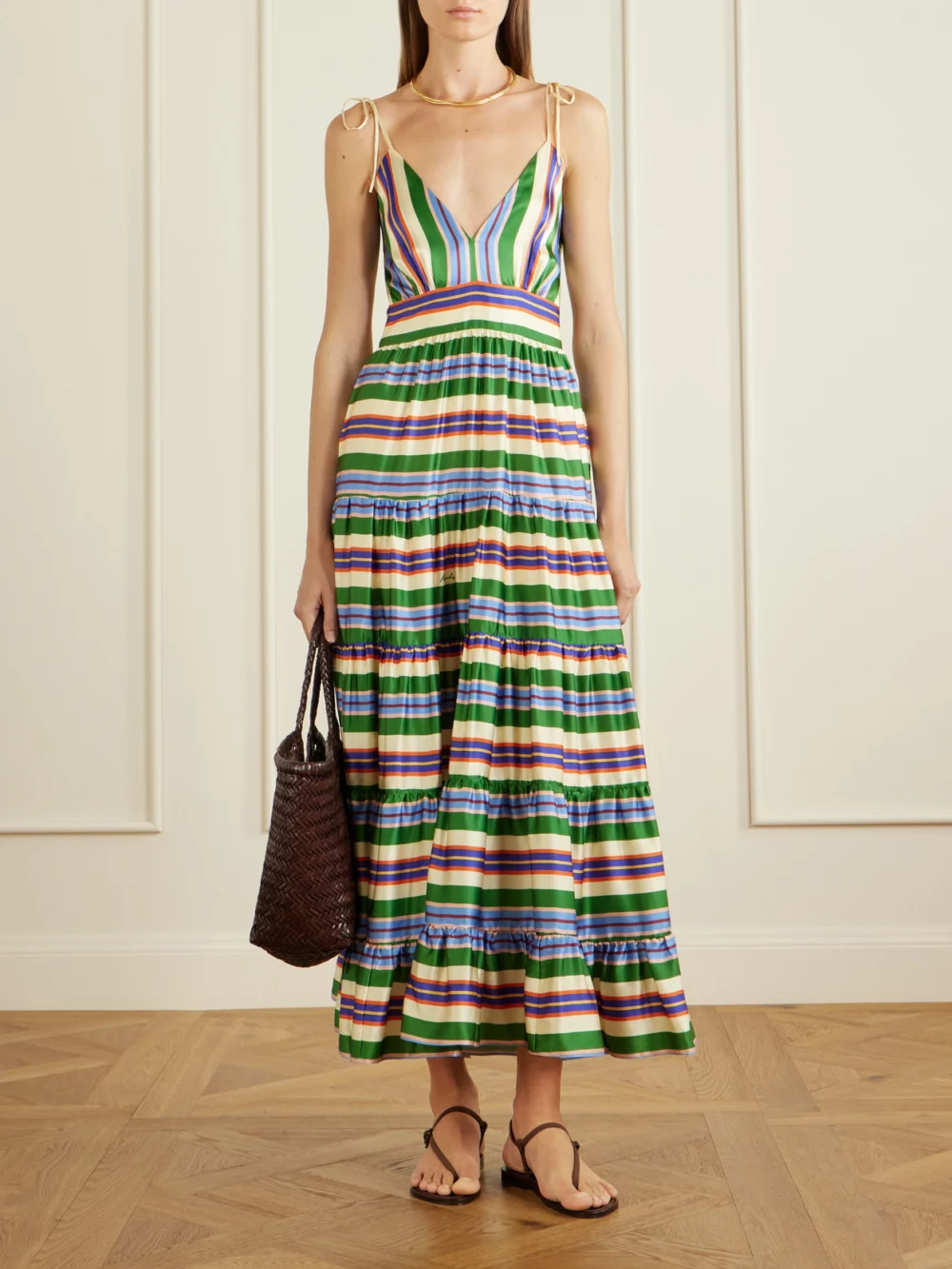 Cristiano Marcheli Allegra Tiered Striped Silk-blend Maxi Dress, worn by a model