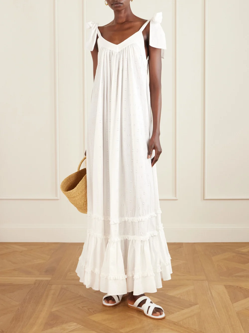 Cristiano Marcheli Bella Ruffled Tiered Broderie Anglaise Cotton Maxi Dress, worn by a model