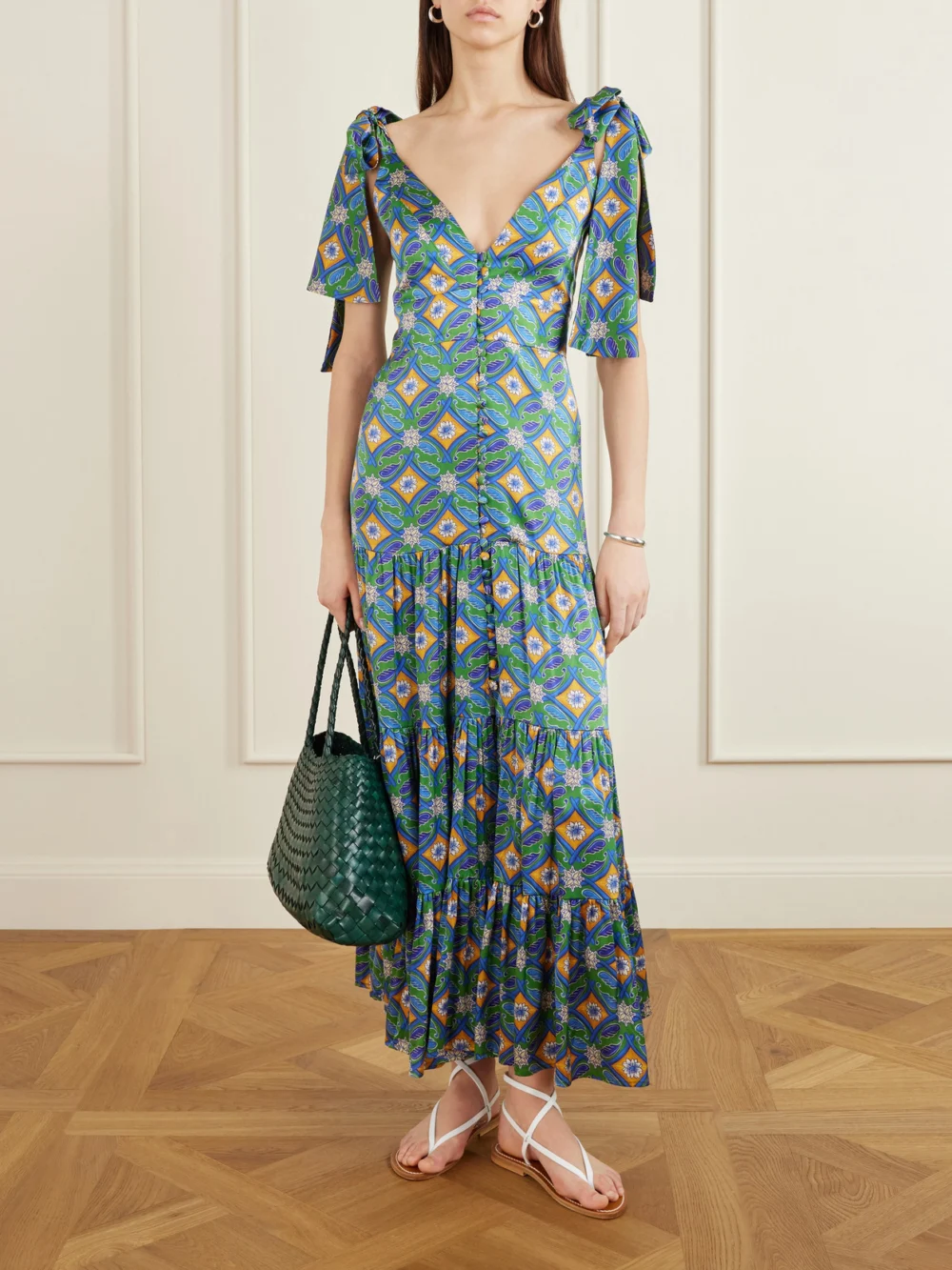Cristiano Marcheli Donatella Tie-detailed Tiered Printed Silk-blend Satin Maxi Dress, worn by a model