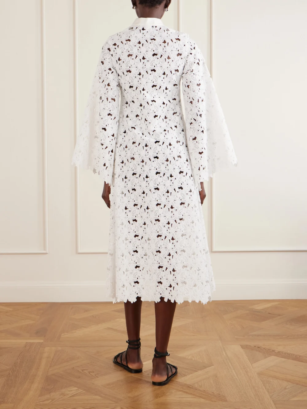 Back view of the Cristiano Marcheli Eleonora Floral-embroidered Silk-trimmed Broderie Anglaise Kaftan