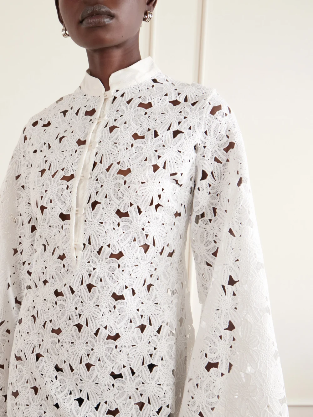 Close-up detail of the Cristiano Marcheli Eleonora Floral-embroidered Silk-trimmed Broderie Anglaise Kaftan