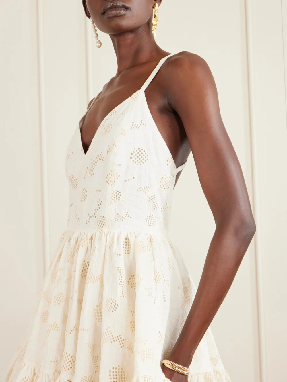 Close-up detail of the Cristiano Marcheli Fernanda Open-back Ruffled Broderie Anglaise Cotton Mini Dress