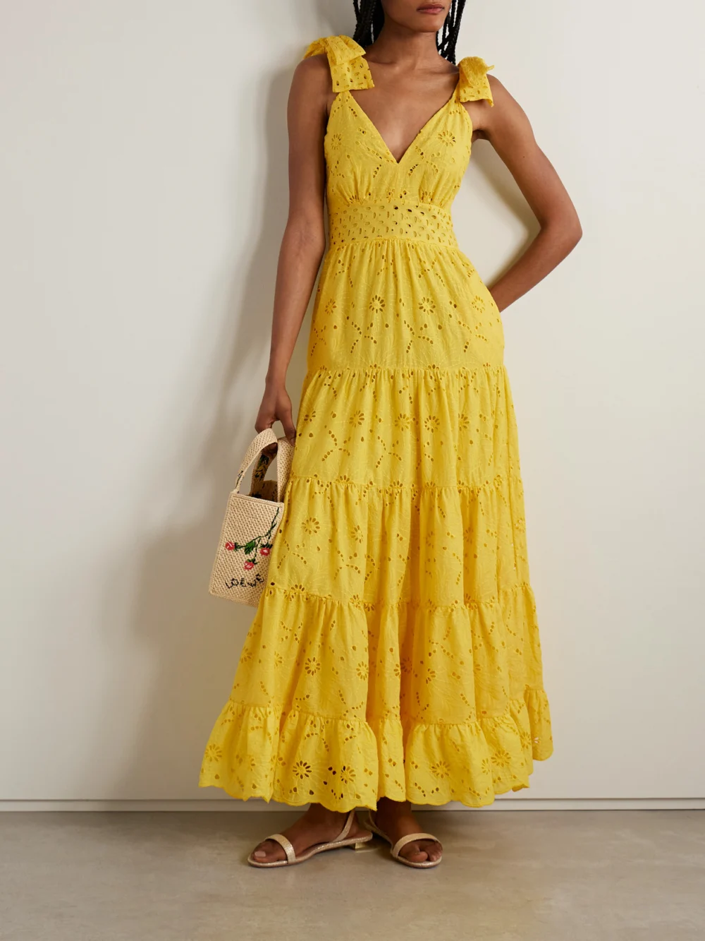 Cristiano Marcheli Lucia Tiered Broderie Anglaise Cotton Maxi Dress, worn by a model
