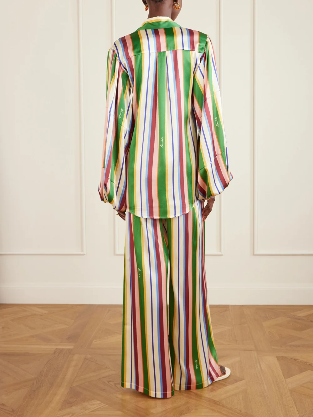 Back view of the Cristiano Marcheli Mia Striped Stretch-silk Satin Shirt