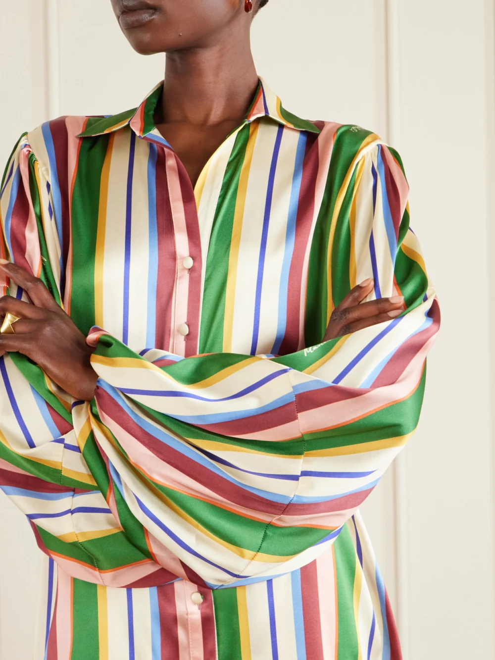 Close-up detail of the Cristiano Marcheli Mia Striped Stretch-silk Satin Shirt