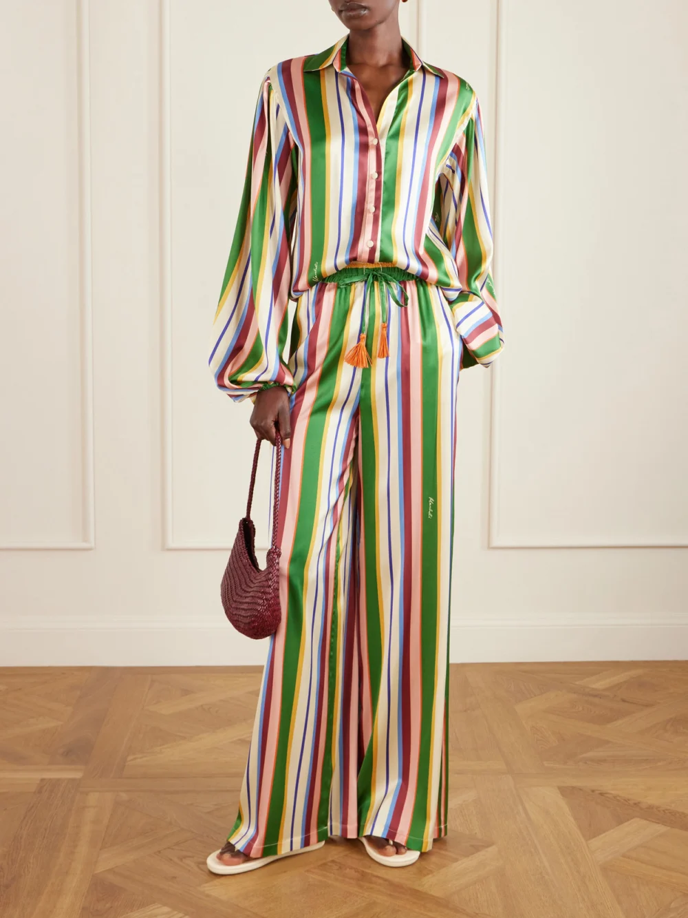 Cristiano Marcheli Mia Striped Stretch-silk Satin Shirt, worn by a model