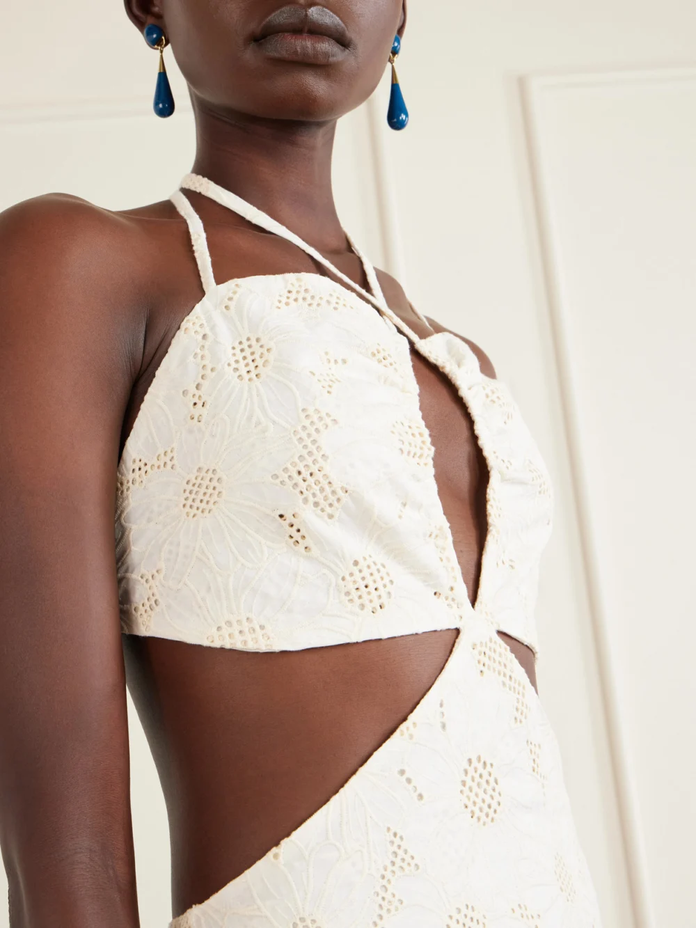 Close-up detail of the Cristiano Marcheli Penelope Open-back Cutout Ruffled Tiered Broderie Anglaise Cotton Maxi Dress