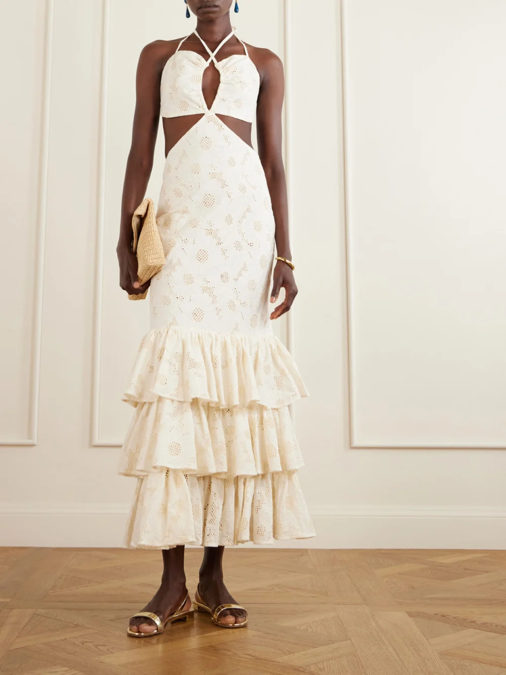 Cristiano Marcheli Penelope Open-back Cutout Ruffled Tiered Broderie Anglaise Cotton Maxi Dress, worn by a model