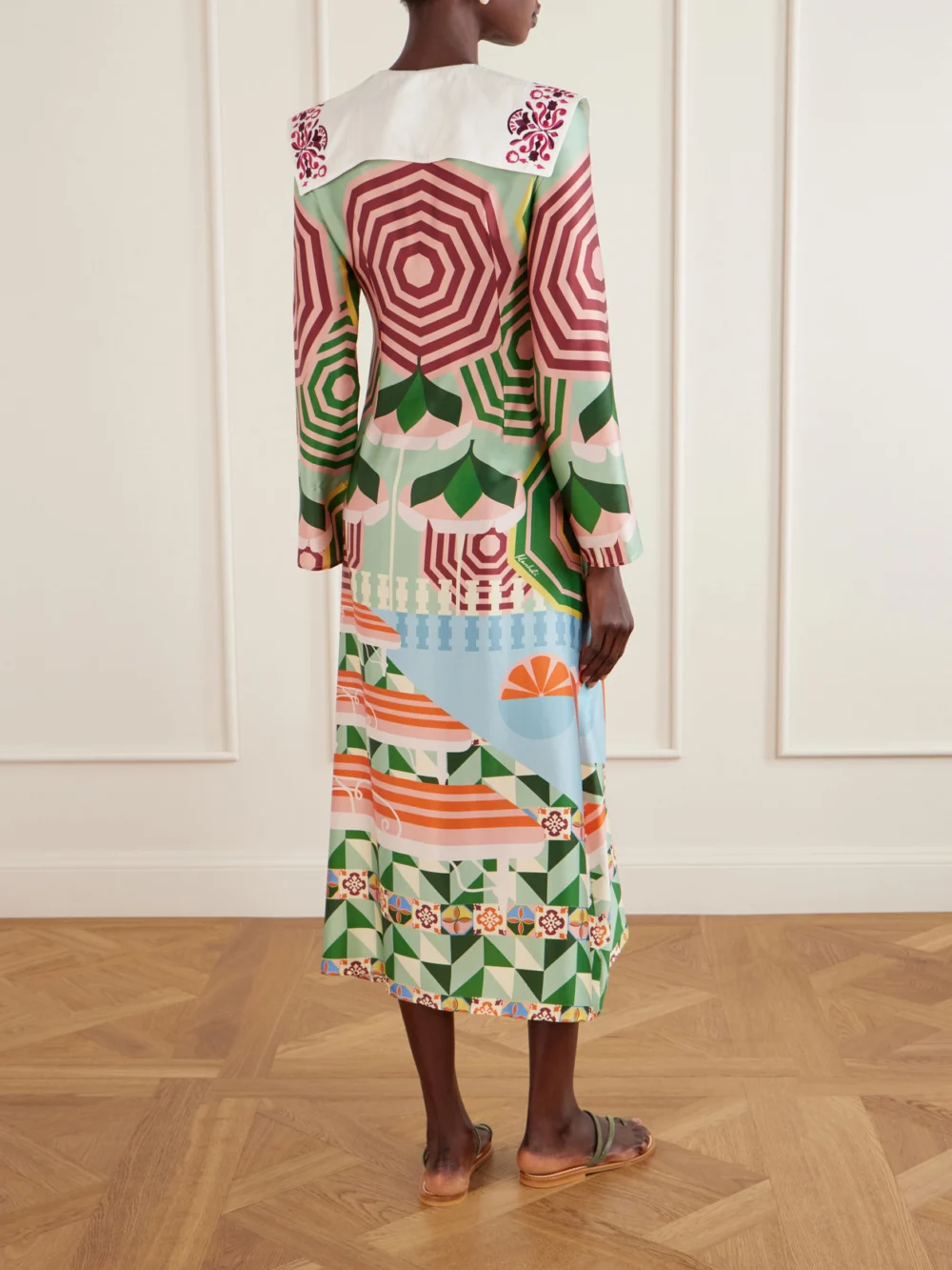 Back view of the Cristiano Marcheli Sofia Printed Silk-blend Satin Midi Dress