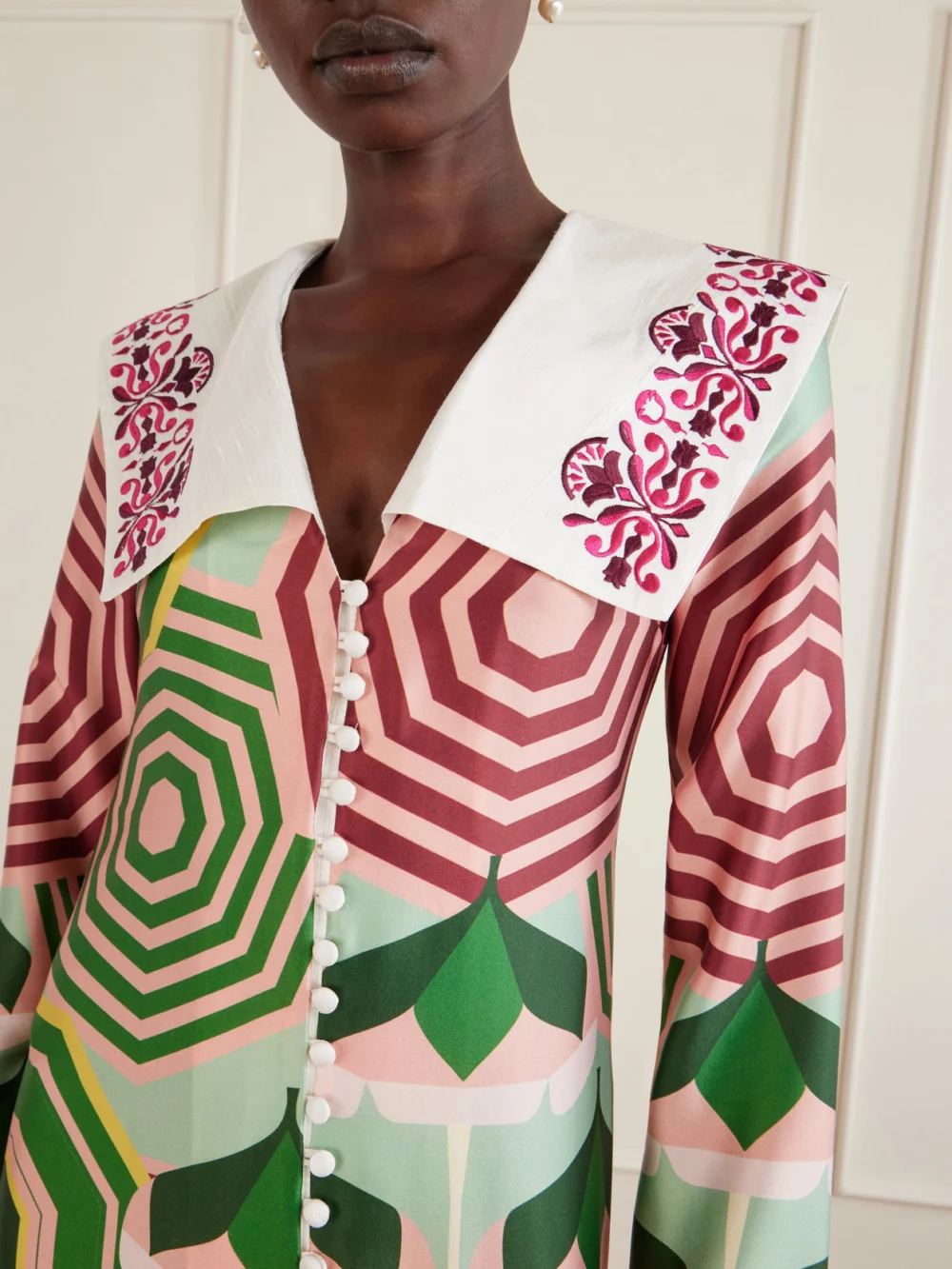 Close-up detail of the Cristiano Marcheli Sofia Printed Silk-blend Satin Midi Dress