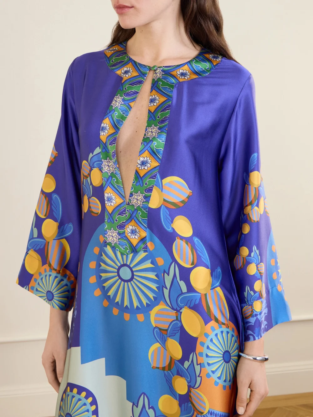 Close-up detail of the Cristiano Marcheli Teresa Printed Silk-blend Satin Kaftan
