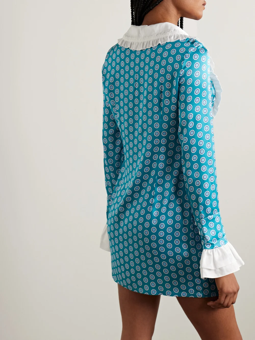 Back view of the Cristiano Marcheli Vittoria Ruffled Cotton-trimmed Printed Silk-blend Satin Mini Dress