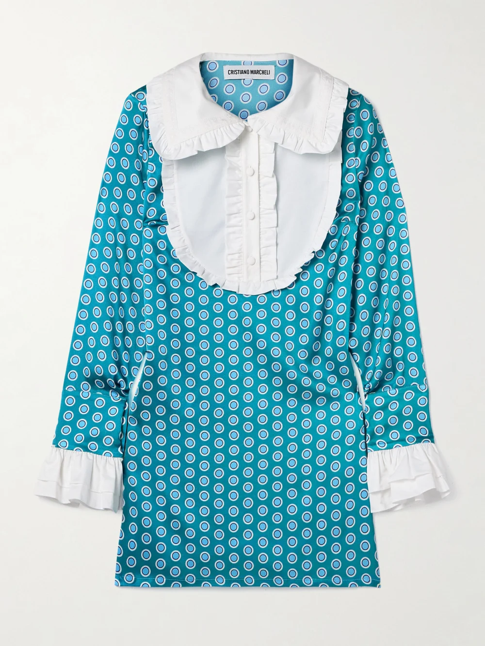 Cristiano Marcheli Vittoria Ruffled Cotton-trimmed Printed Silk-blend Satin Mini Dress in blue