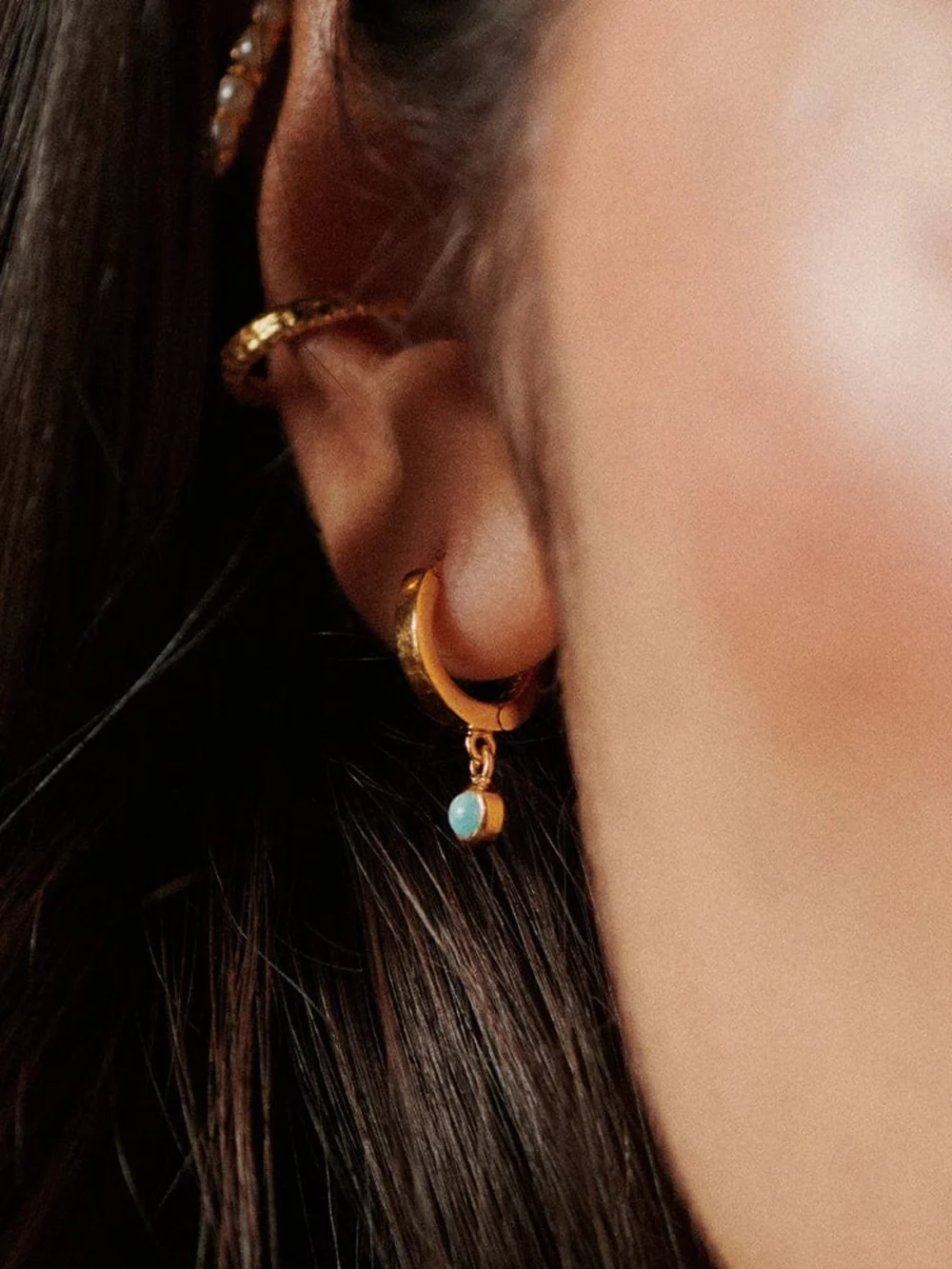 Daisy London Amazonite Healing Huggie Hoop Earrings 18ct Gold Plate, view 2