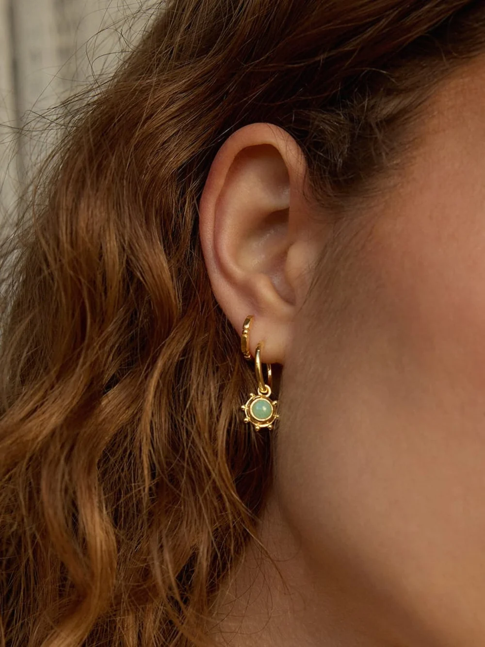 Daisy London Amazonite Healing Stone Charm Earrings 18ct Gold Plate, view 2