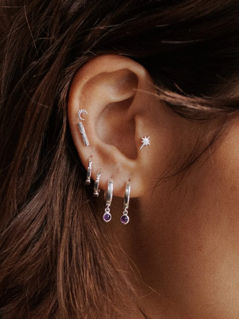 Daisy London Amethyst Healing Huggie Hoop Earrings Sterling Silver, view 2