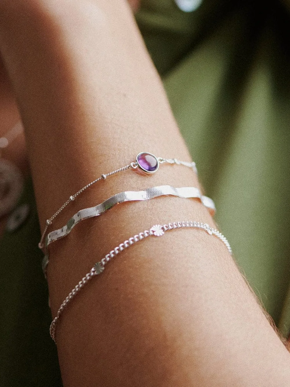 Daisy London Amethyst Healing Stone Bobble Bracelet Sterling Silver, view 2