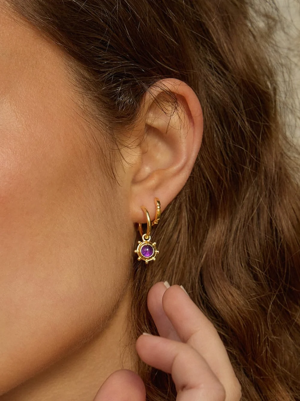 Daisy London Amethyst Healing Stone Charm Earrings 18ct Gold Plate, view 2