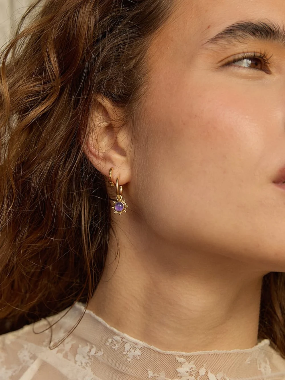 Daisy London Amethyst Healing Stone Charm Earrings 18ct Gold Plate, view 4