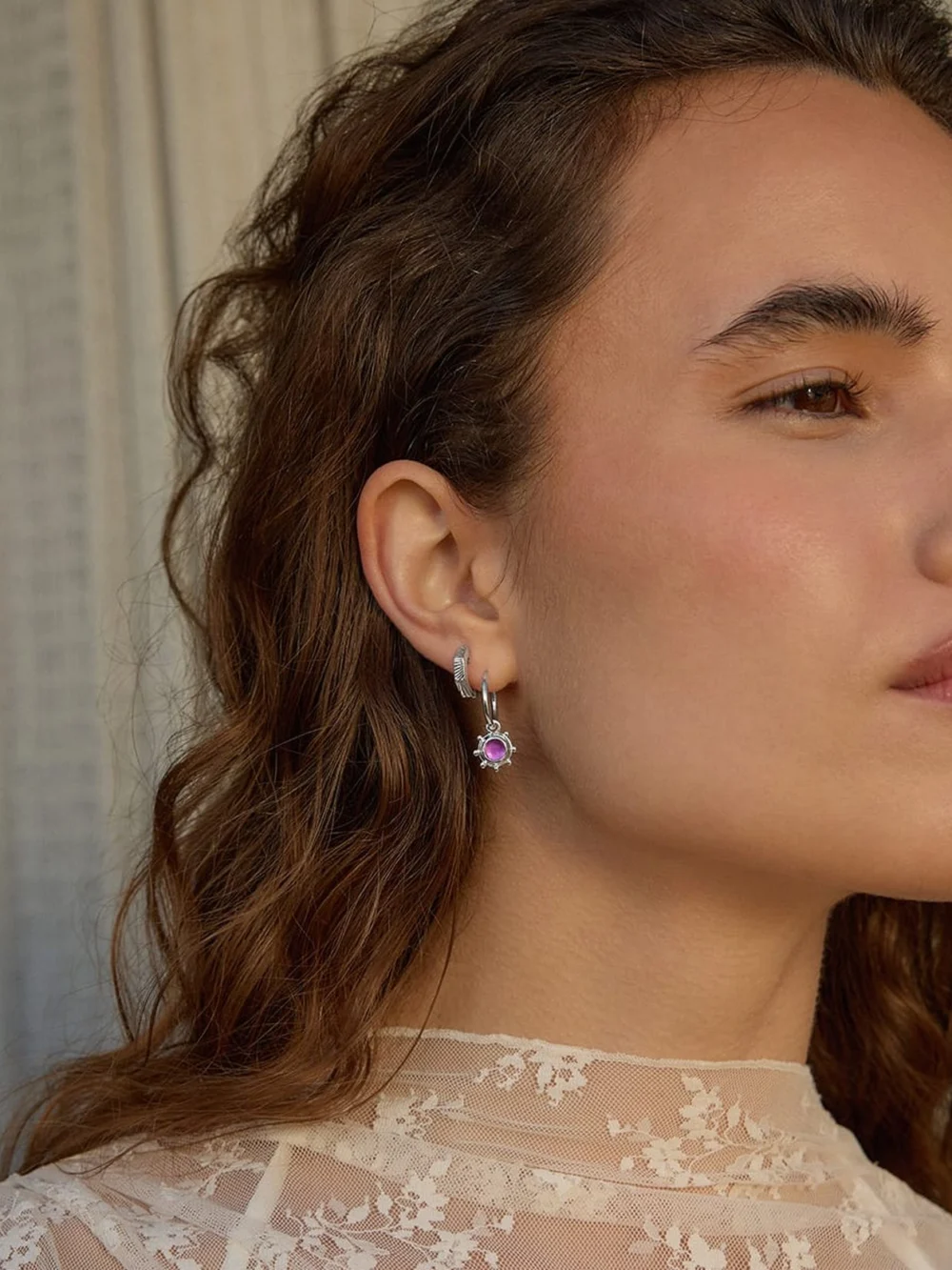 Daisy London Amethyst Healing Stone Charm Earrings Sterling Silver, view 3