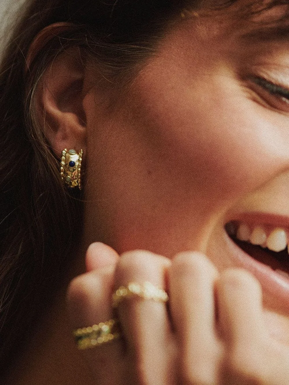 Daisy London Amulet Stone Hoop Earrings 18ct Gold Plate, view 2