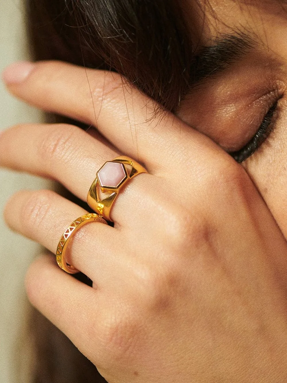 Daisy London Beloved Bold Pink Opal Band Ring 18ct Gold Plate, view 2