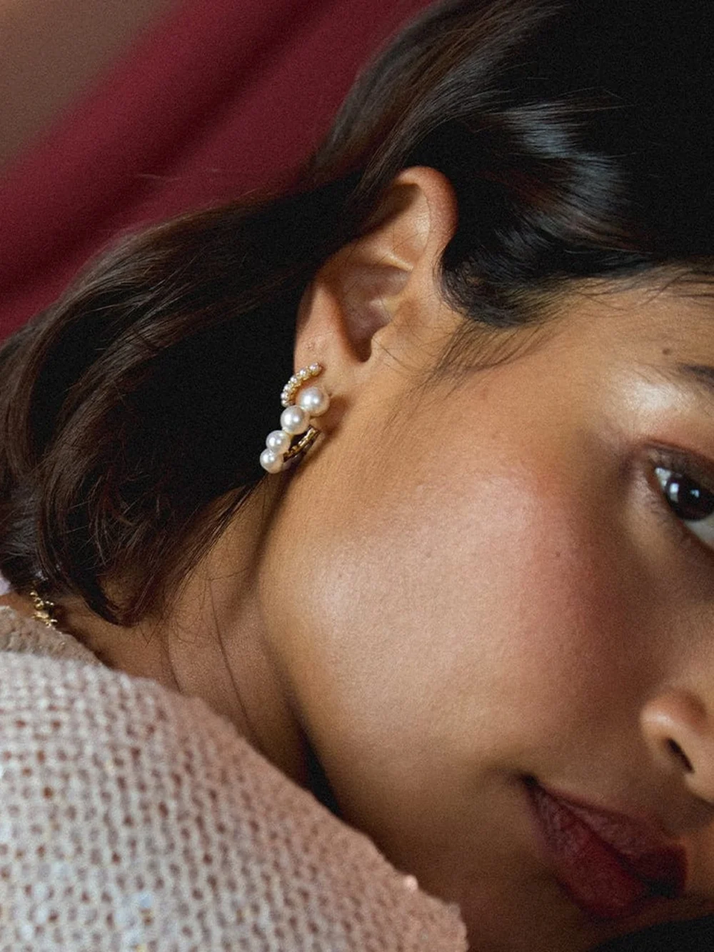 Daisy London Chunky Pearl Hoop Earrings 18ct Gold Plate, view 2